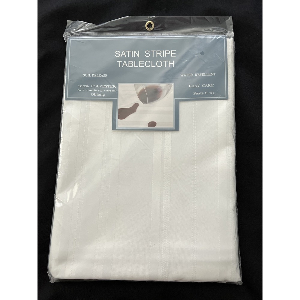 Satin Stripe Tablecloth White Oblong 60" x 102" Soil Release 100% Polyester